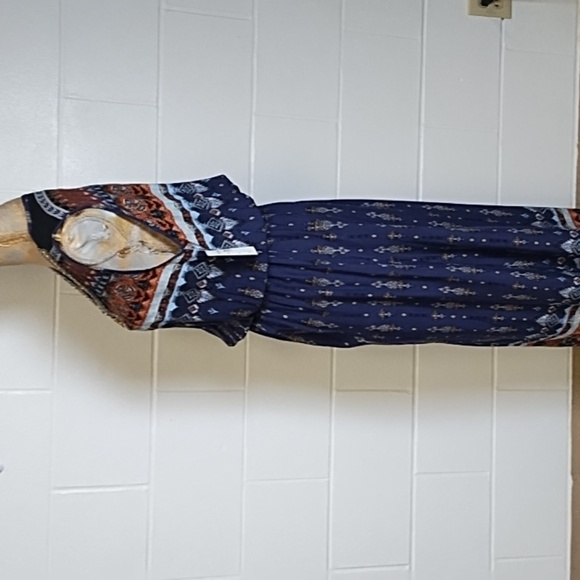 Bohemian Maxi Dress with Beaded V-Neckline Elastic Blouson Shirt Waist NWT - Picture 4 of 16